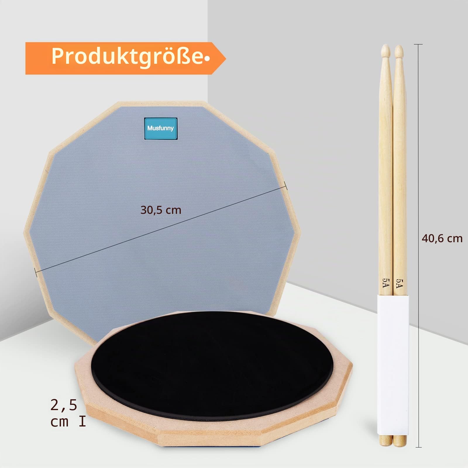 Musfunny Drum Practice Pad Schlagzeug Übungspad, 12 Zoll 2-seitig Leises Übungs Drum Pad Set mit Drumsticks und Aufbewahrungstasche für Schlagzeuger-Übungspad (30 cm Grau)
