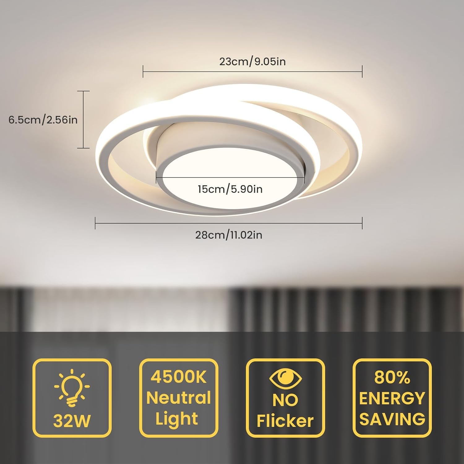 Comely Pack de 2 Plafones LED 32 W – 2350 lm c/u – Luz Natural 4500 K – Blanco Redondo Moderno Ø 27 cm – Ideal para Salón, Cocina, Pasillo y Baño