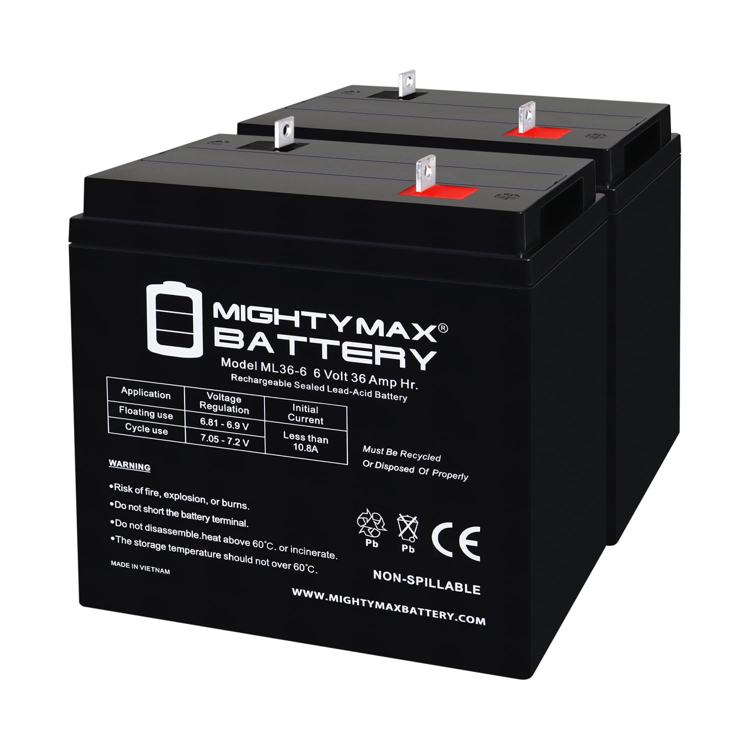 Mighty Max Battery 6V, 36Ah, AGM, NB Terminal, Replacement Battery Compatible with Medical wheelchairs - 2 Pack