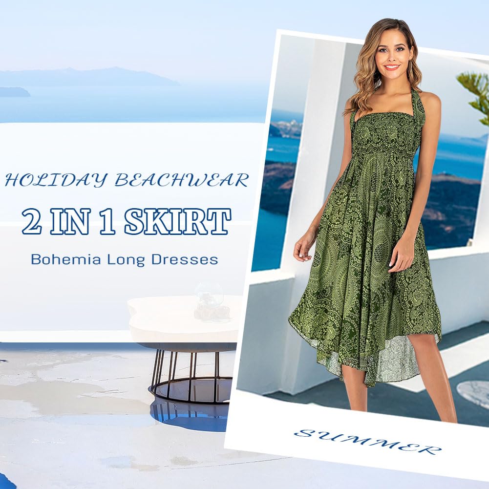 HAGOT Gonna Lunga Elegante 2 in 1 da Donna, Abito Vintage con Scollo all'Americana, Gonne Estive Boho