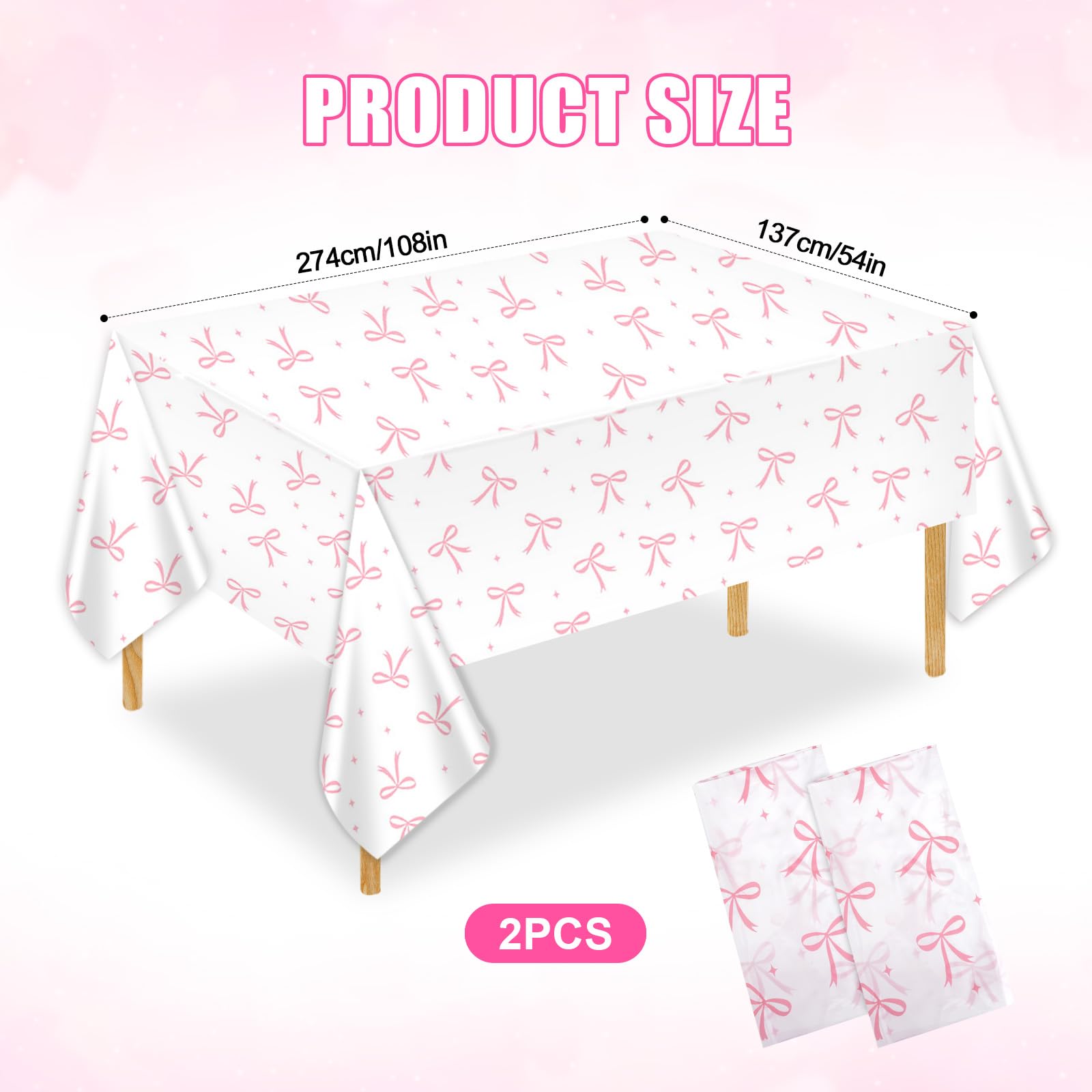 Heboland Tovaglie Rosa Con Fiocchi - Set 2 Pezzi 137x274cm, Tema Coquette Per Feste E Compleanni