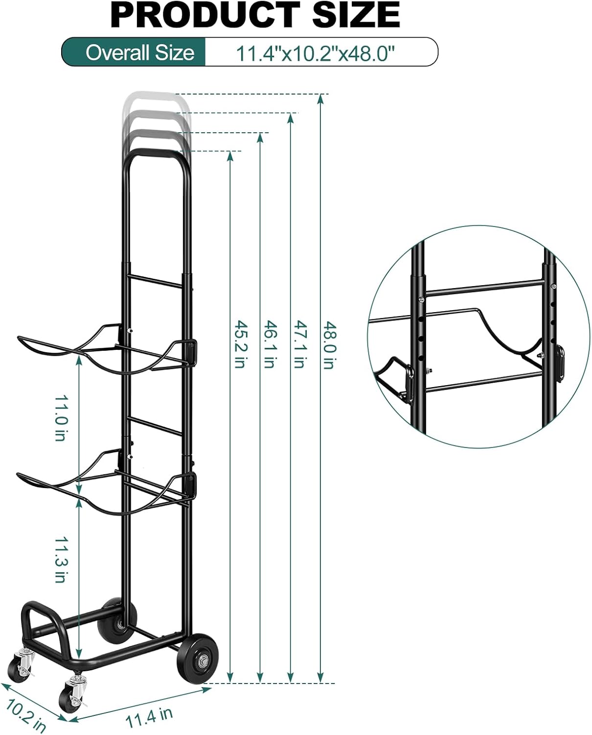 HEOMU 5 Gallon Water Jug Holder with Wheels, Heavy Duty 3-Tier Water Bottle Organizer with Elastic Rope, Adjustable Height Water Jug Storage Cart for Living Room Home Office Garage, Black