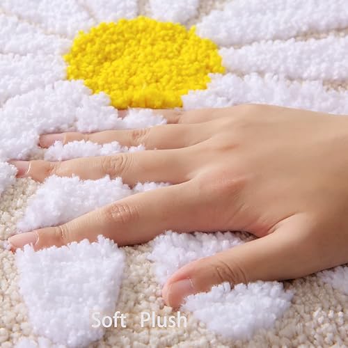 Miniatura 3 de QJHOMO Alfombra de baño beige con diseño de margaritas, decoración de flores blancas y amarillas, alfombra antideslizante de microfibra, súper