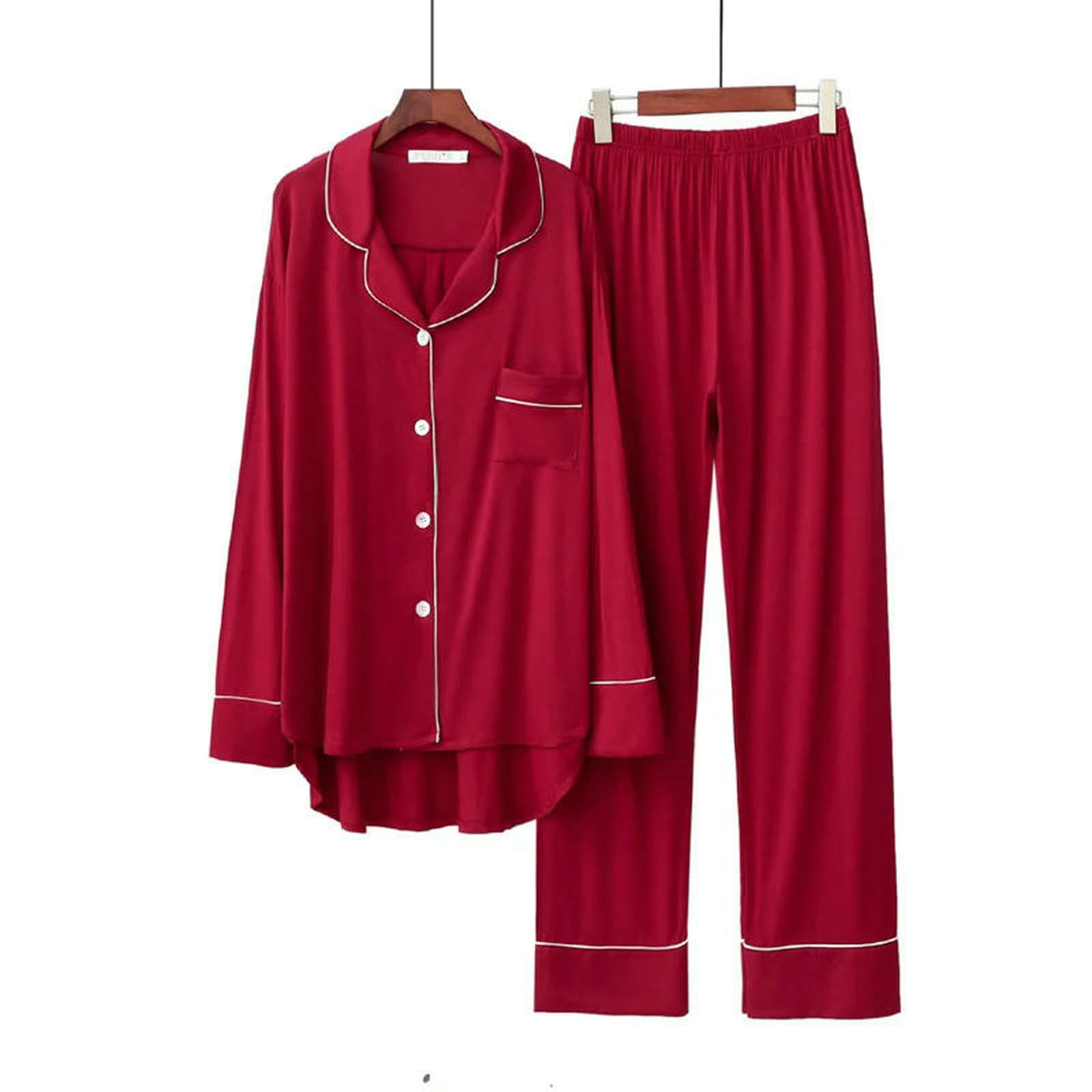 Pigiama 2 Pezzi da Donna Manica Lunga Modale Sciolto Traspirante Morbido Abito Stile Casa Abbigliamento Comodo-Vino Rosso-m