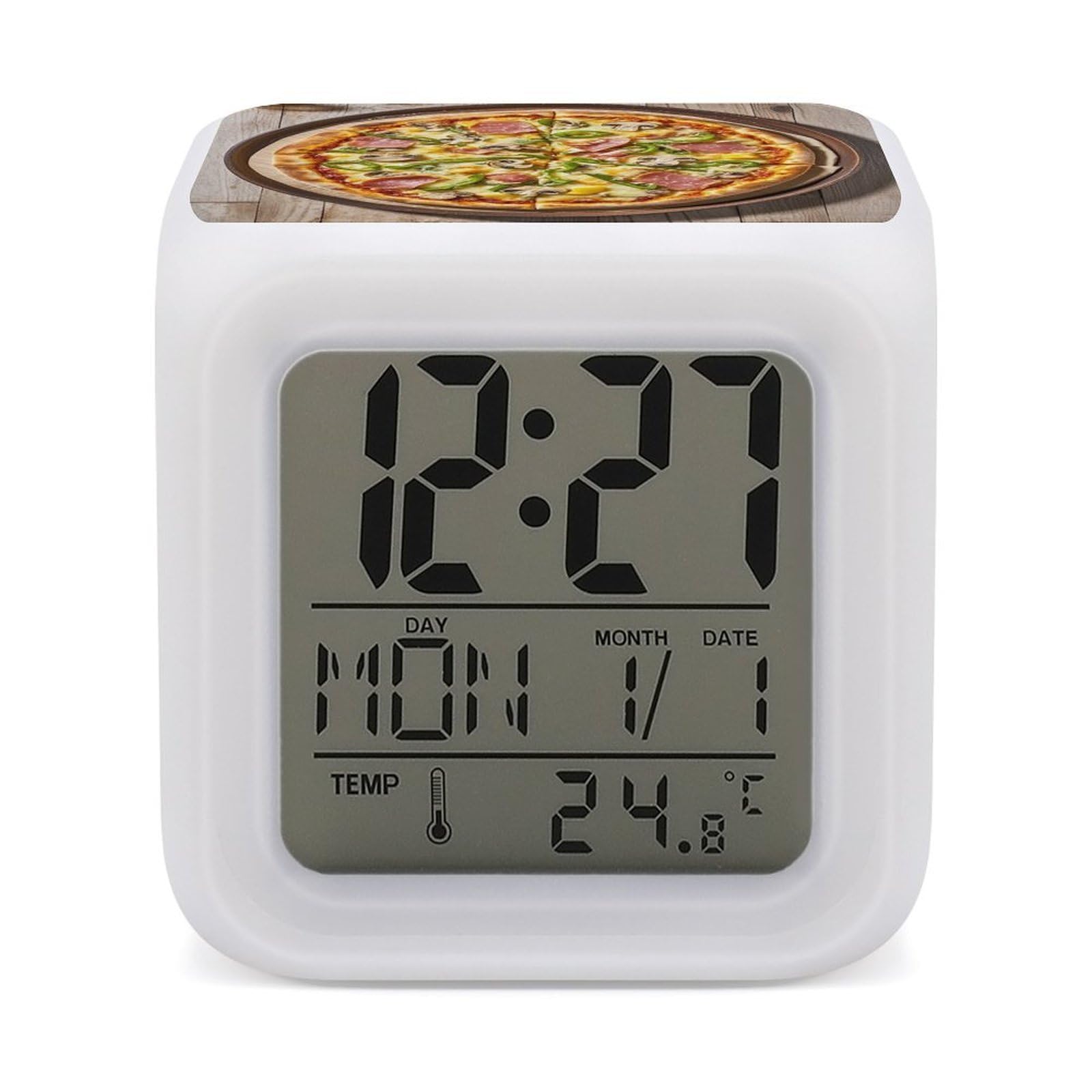 FekiLoot A Full Pizza Alarm Clock for Heavy Sleepers Wake Up Digital Clock with 7 Color Changing Night Light Super Loud Digital Alarm Clocks Small Machine Alarm Clocks