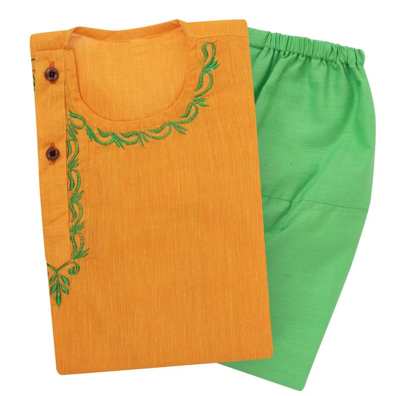 Image of superminis Baby Boy's Handloom Cotton Kurta With Embroidery Around The Neck And Contrast Color Dhoti Clothing Set