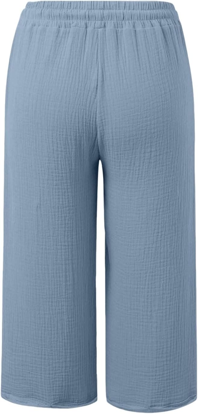 Capri Pants for Women Drawstring High Waisted Split Hem Casual Loose Cropped Pant Wide Leg Cotton Capris with Pocket