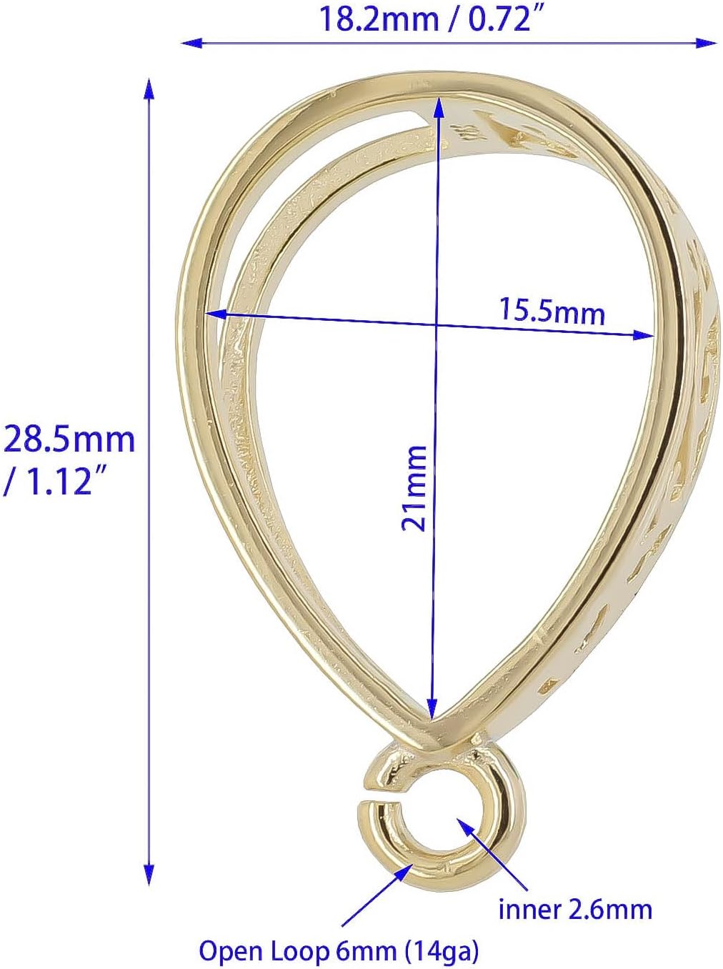 Extra Large Sterling Silver Pendant Clasp Bail Slider Connector, Heavy Duty Open Loop, Fit Up to 15mm Cuban Rope Chain, 18kt Gold Plated