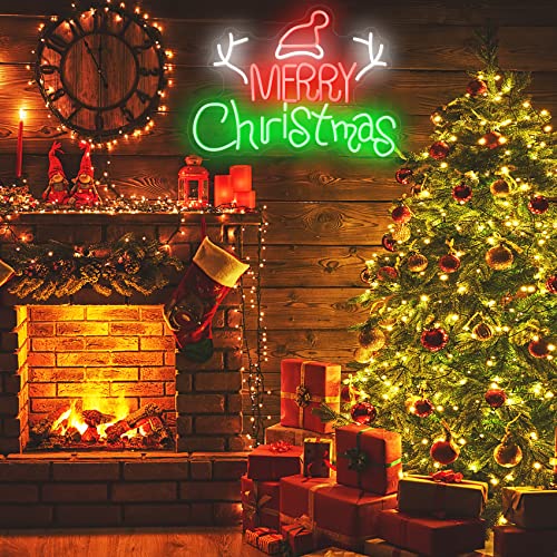 Image of Neon Sign Merry Christmas Tree Neon Lights for Wall Decor LED Neon Light Signs LED Sign for Christmas Party Home Balcony Hanging Art Living Room 23.62x17.32 IN (with Tree Branch and Hat)