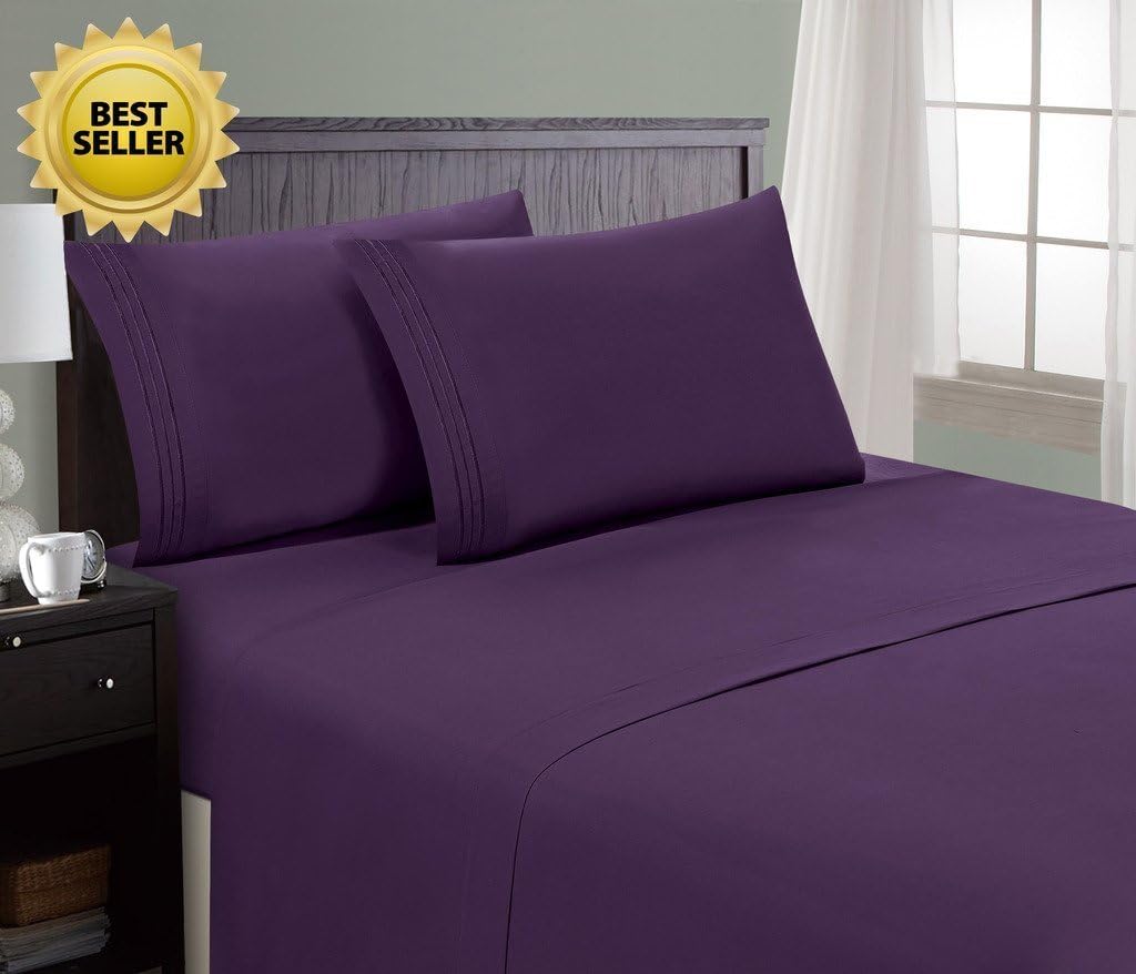 HC COLLECTION 1800 Series Microfiber Sheet & Pillow Case Set(Queen,Eggplant)