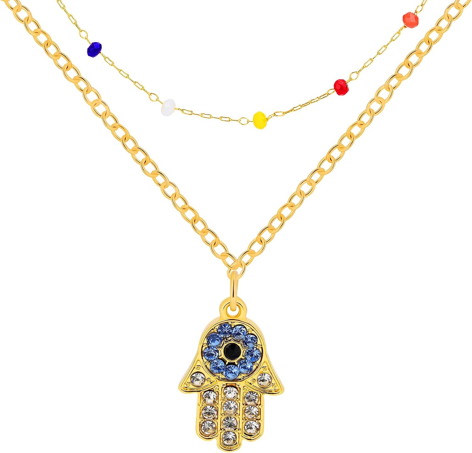 Hamsa Hand of Fatima Necklace: 18K Gold Plated Cubic Zirconia Dainty Blue Evil Eye Fatima's Hand Pendant Double-Layer Choker Bead Necklaces Protection Jewelry for Women Eid al Fitr Gifts