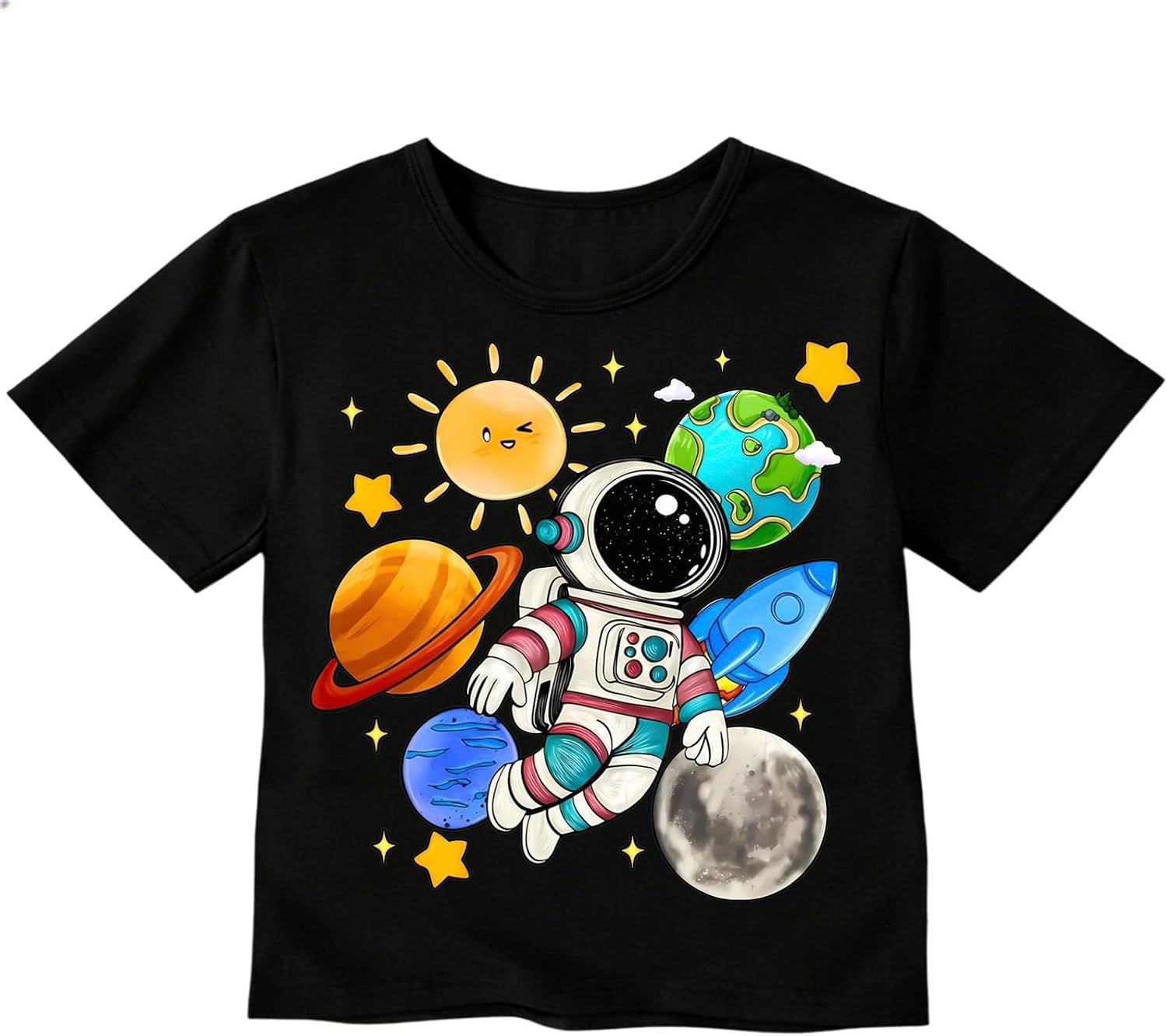 Toddler Boys T-Shirt Cotton Astronaut Space Sun Planet Rocket Short Sleeve Kids Top 2-8 Years