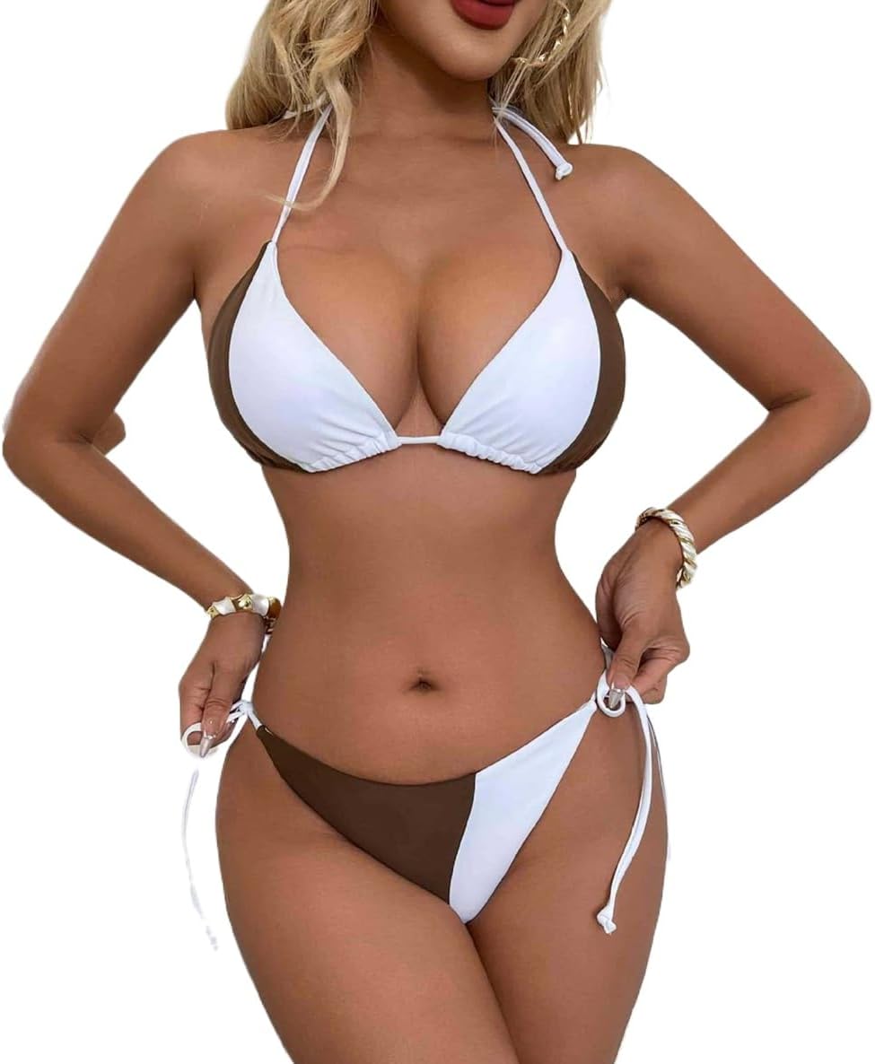 White Triangle Bikini Set, Halter Neck Top with Tie Side Bottom, Two Piece Swimsuit PQ-W104