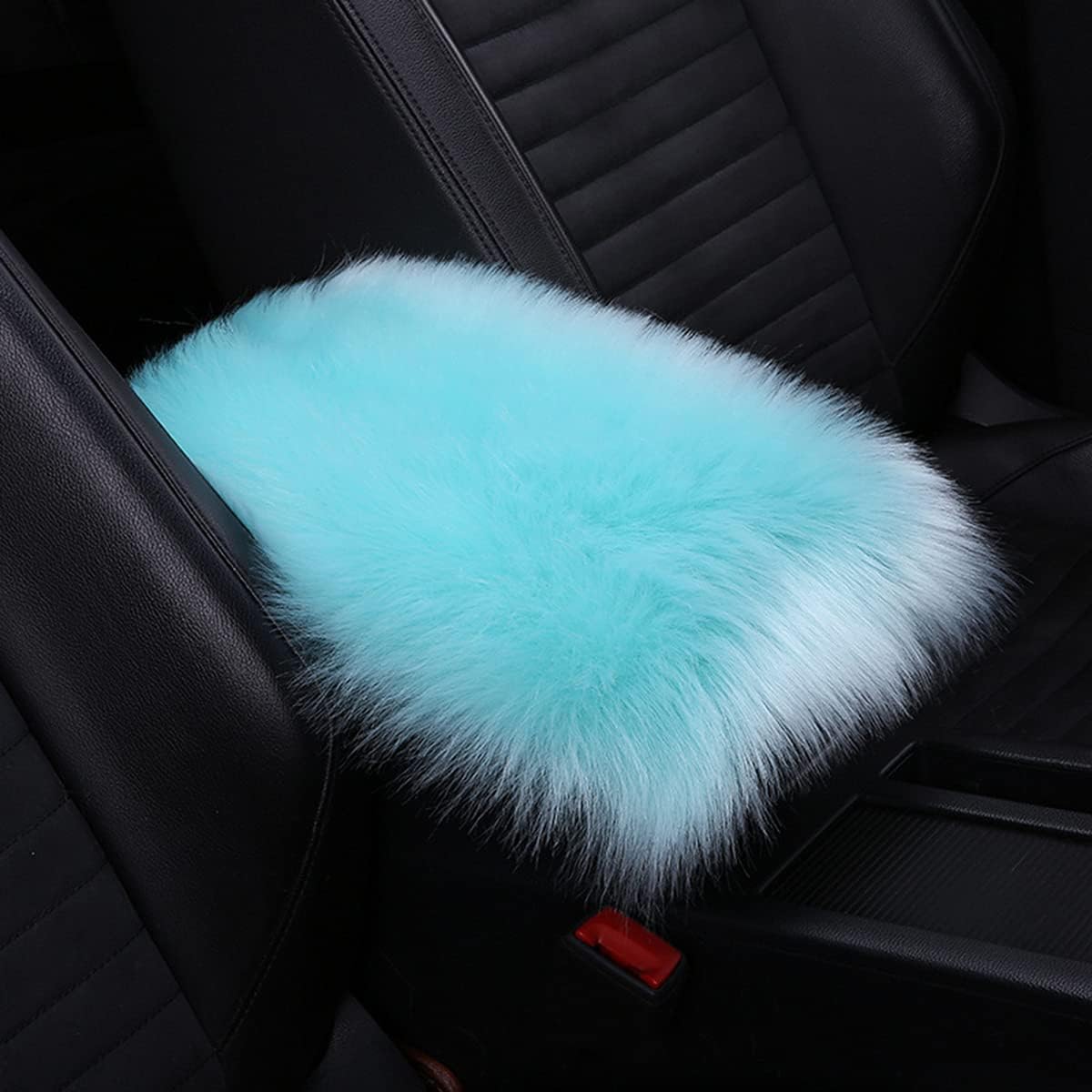 Center Console Cushion Pad/Cover, 11.4"x7.4" Furry Armrest Cover for Cars, Vehicles, SUVs, Premium Sheepskin Wool, Car Interior Accessories for Women(Blue)