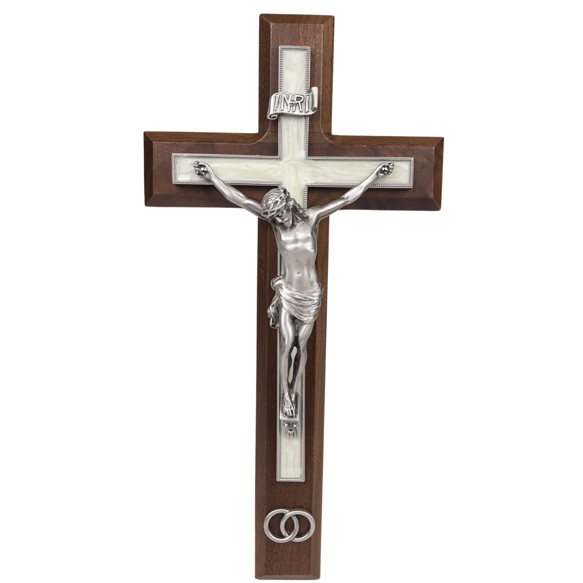 Needzo Walnut Wood Crucifix with Pewter Corpus and Wedding Rings, Marriage Gifts for Couples, Religious Ceremony, 10 Inches