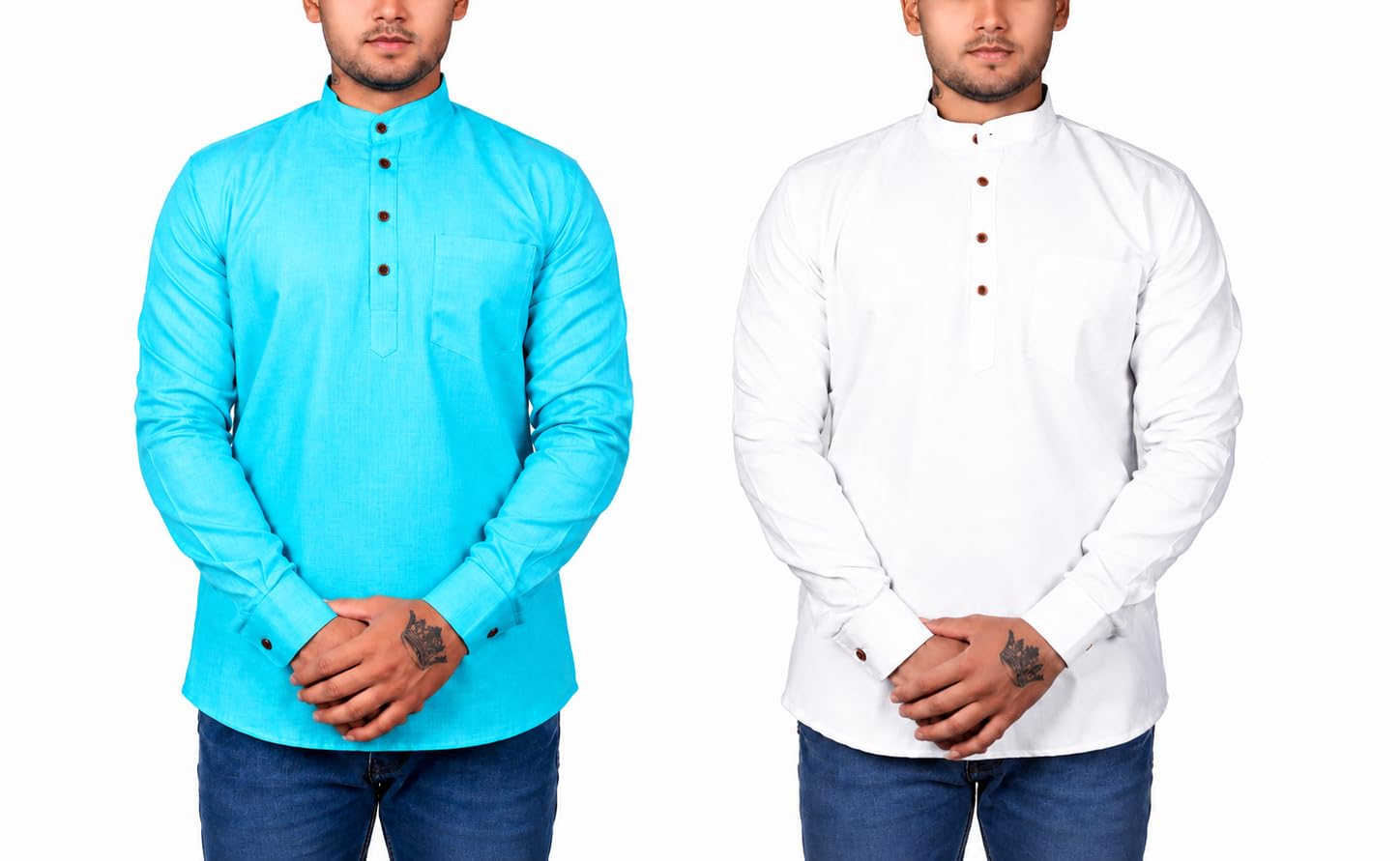 Combo of Men's Cotton Polyester Blend Solid Regular Fit Full Sleeve Straight Kurta Shirt (Pack of 2) | Fashionable Men Cotton Kurta Combo-image-11