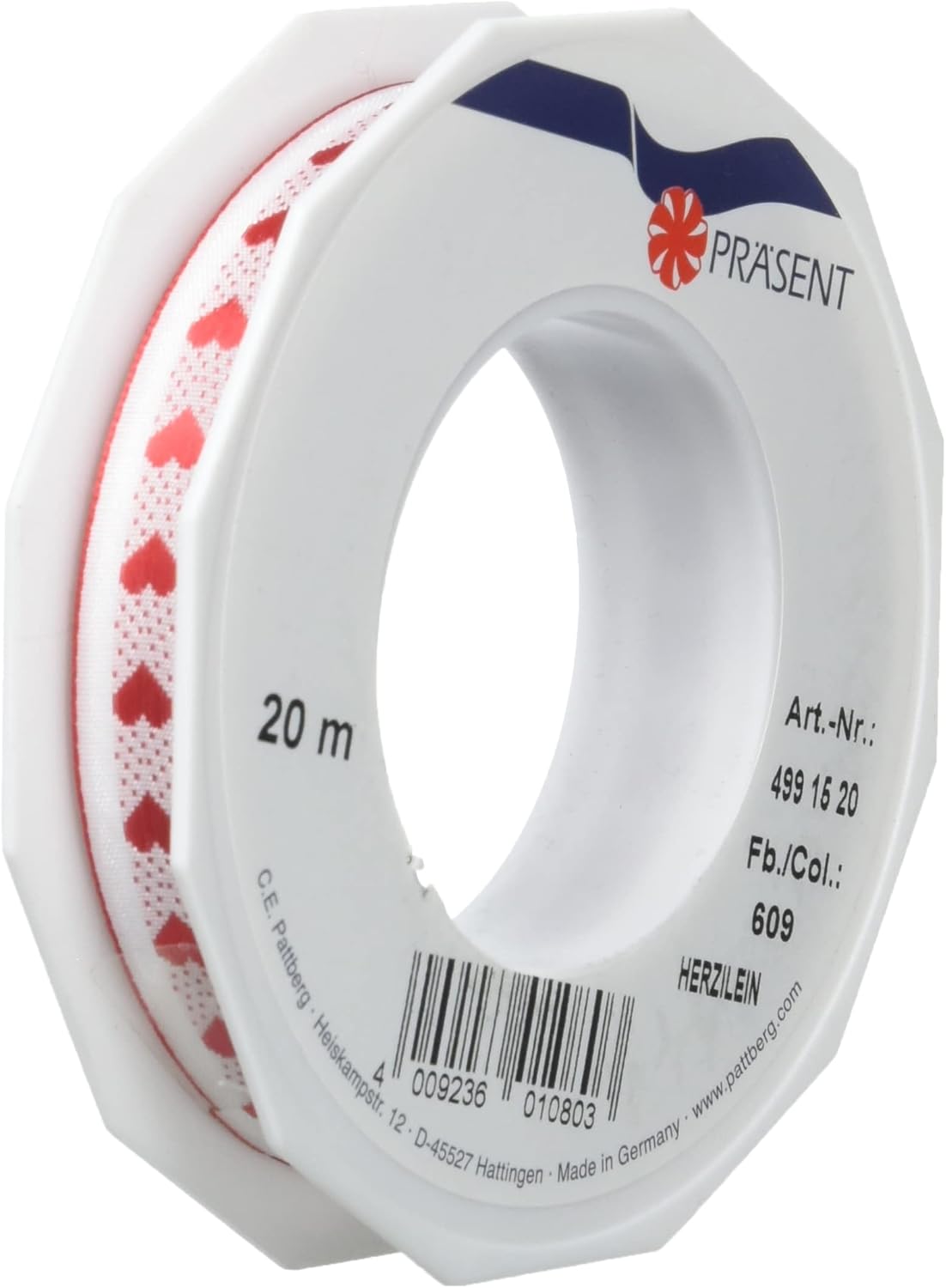 C.E. Pattberg Präsent - Herzilein Printed Ribbon Red 15 mm Width, 20 m Length