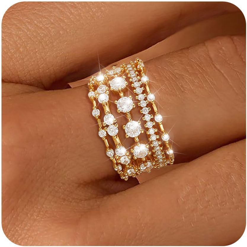 FUNEIA Stackable Silver Gold Rings for Women Non Tarnish 14K Gold Plated Thumb Cubic Zirconia Rings for Women Dainty Pinky Promise Wedding Ring Set Women's Engagement Eternity Band Rings Gold Jewelry