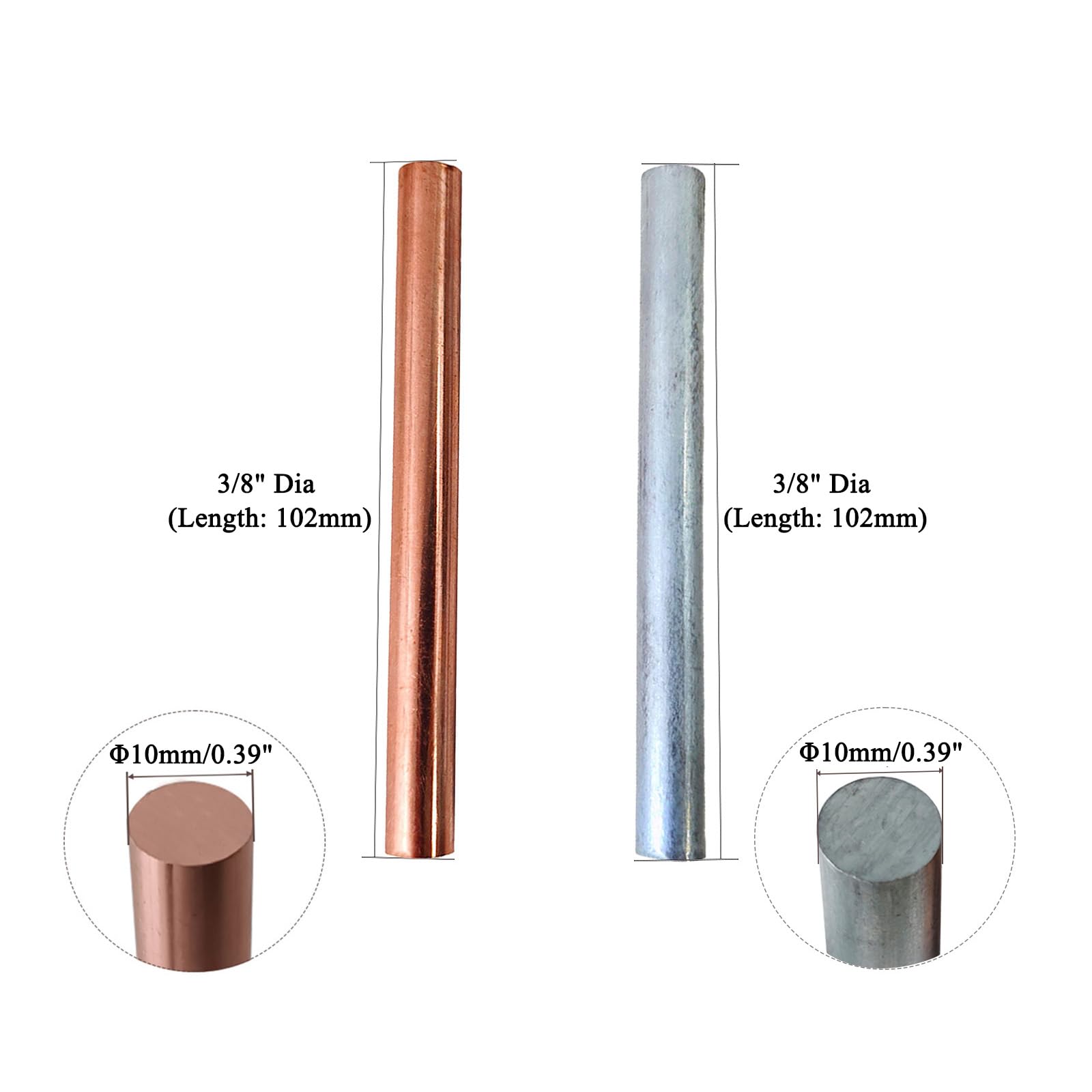 2 varillas de zinc de cobre puro 99.995% de 3/8 pulgadas de diámetro, 4 pulgadas de longitud, barra sólida de cobre desnudo de zinc para la escuela, pasatiempos científicos, manualidades (2