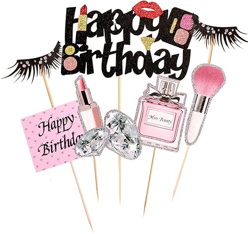 Miniatura 2 de Paquete de 22 adornos de maquillaje para tartas, botella de perfume de lápiz labial, cepillo de diamante, decoración de cumpleaños para niñas y
