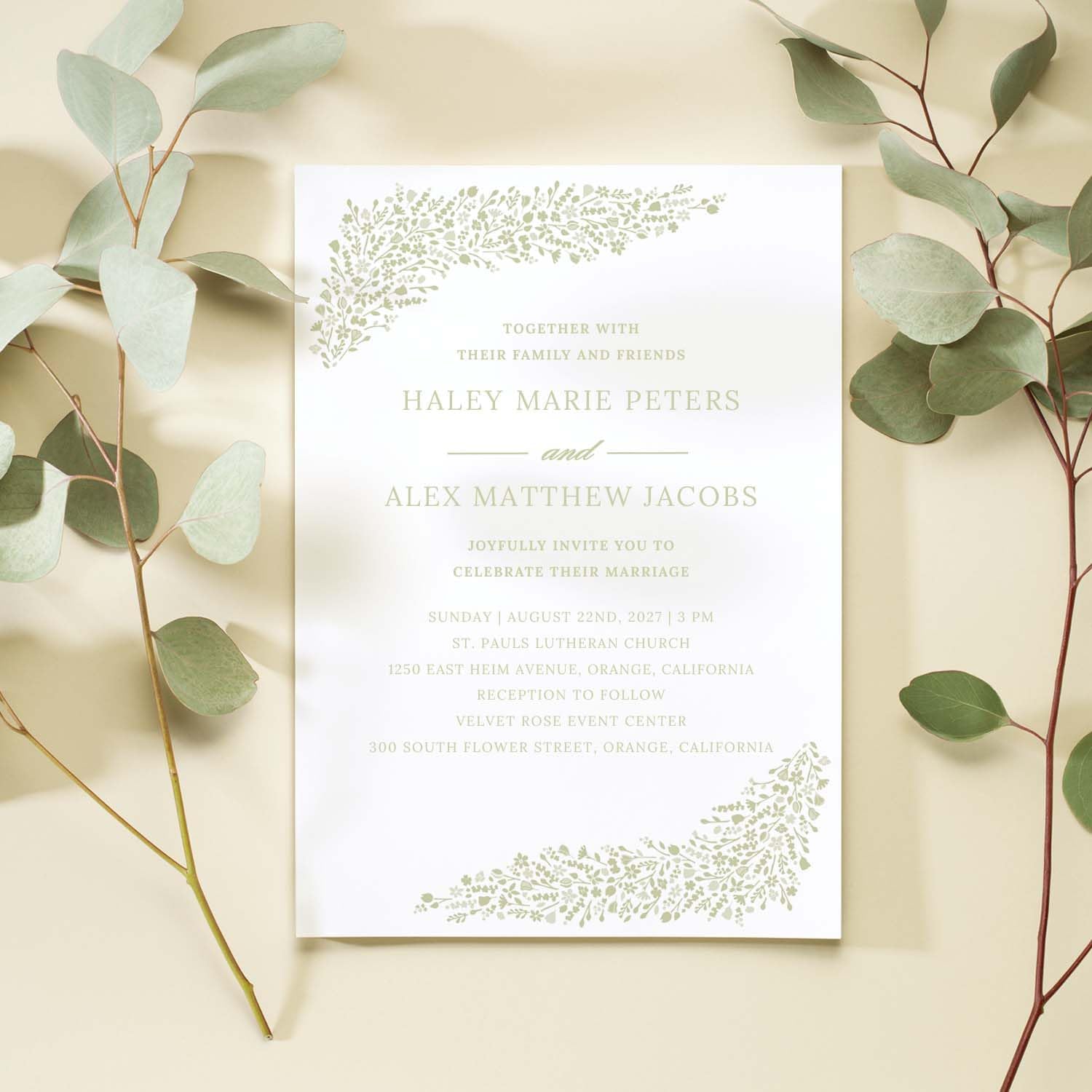 Personalized Dainty Sage Floral Invitations / 25 Custom Modern Pastel Greenery Flower Wedding Invites With White Envelopes / 5" x 7" Flat Botanical Anniversary Party Invites / Made In The USA