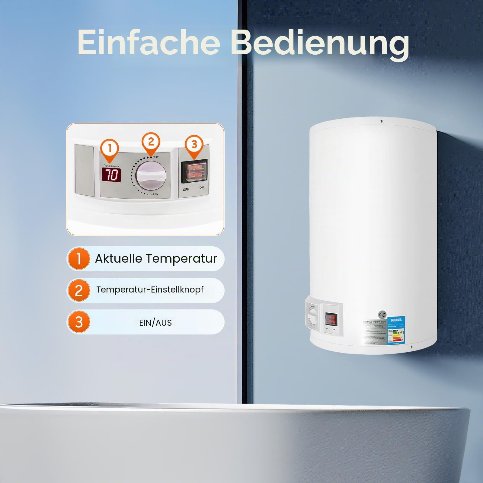 2000W Elektro Warmwasserspeicher Boiler 50 Liter Wasserboiler Warmwasserboiler Hängespeicher,LED und Thermometer,Wandmontage-Wasserboiler Warmwasserspeicher