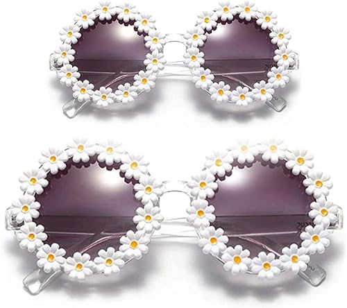 2 pares de lentes de sol con margaritas para mujeres y niñas, divertidos, retro, para padres e hijos, girasol, discoteca, festivales, flores, gafas