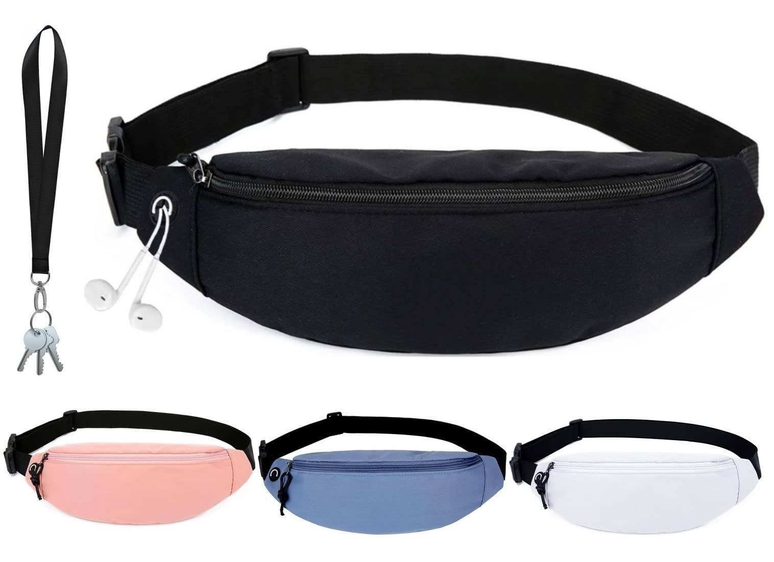 Riñonera Deportiva para Hombre y Mujer de Tela con Cinturón Ajustable para Entrenamiento al Aire Libre, Senderismo, Viaje y Casual, Colgante para Llaves Gratis de Regalo. (Negro)