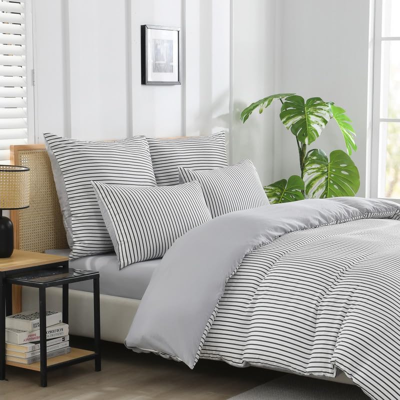 Parure de lit 220x240cm rayures gris Gezu avec housse de couette et taies - 4