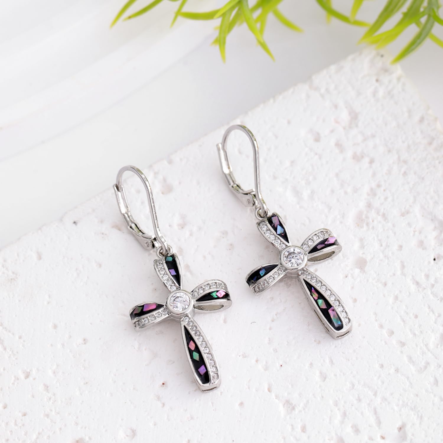 Cross Earrings for Women Abalone Shell Twist/Black Cross Dangle Drop Earrings for Women - Image 5