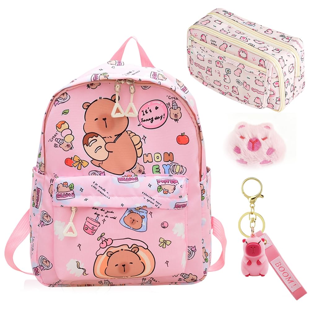 Vexthorion Unisex Kids Pink Capybara Backpack Set - Girls School Bag,Kawaii 9-Layer Pencil Case & Keyring | Large Capacity Nursery & Primary School Bookbag Set Animal Rucksack For Kids | Cute Kawaii Stationery Gift (B)