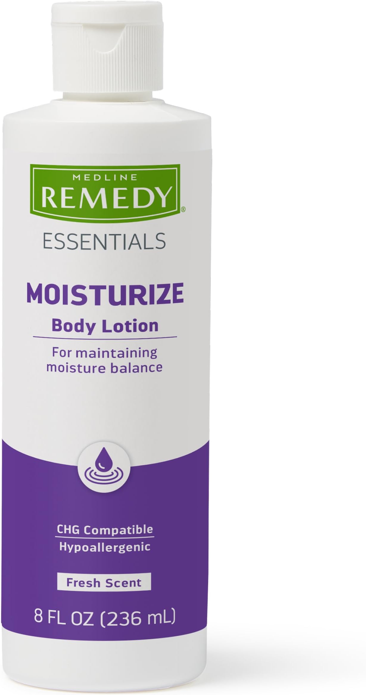 Medline Remedy Essentials Moisturizing Body Lotion (8 oz Bottle), 12 Count, Fresh Scent, Hydrating, Non-Greasy, For Dry Skin, Hypoallergenic, Men, Women, Elderly