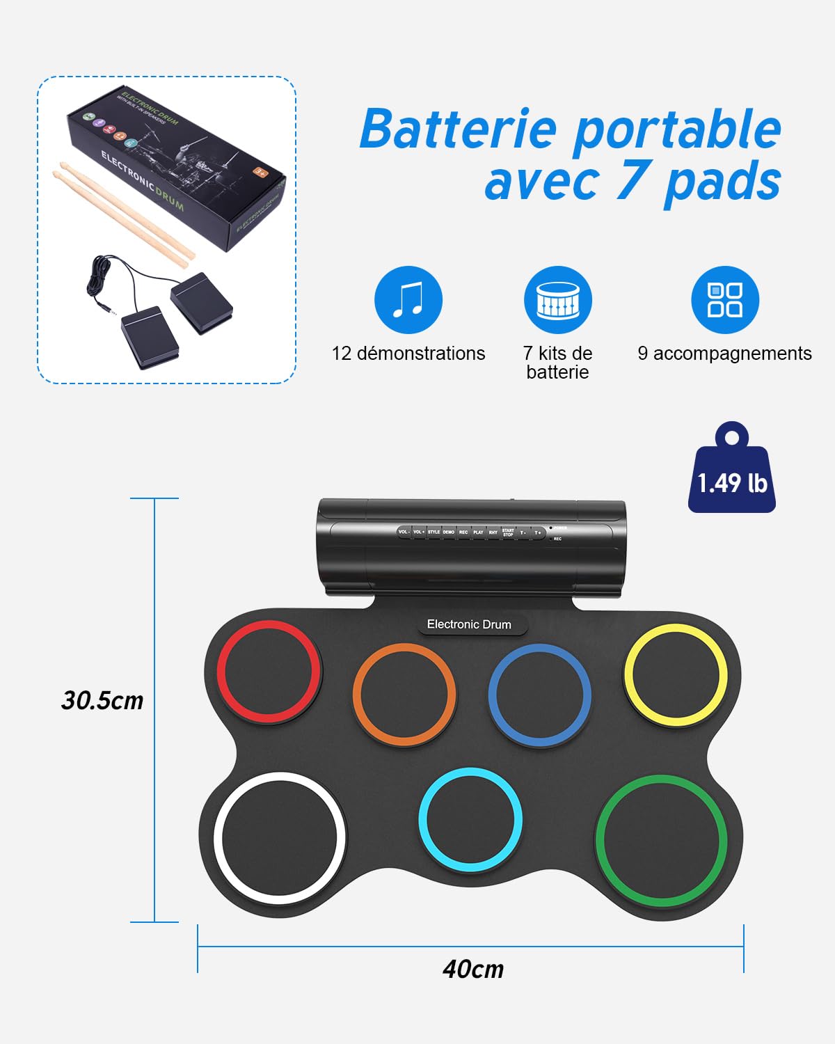 Batterie électronique pour enfants, 7 pads enroulable avec MIDI, kit de tapis de batterie d'entraînement pour débutants et enfants avec haut-parleur stéréo intégré, tambour électronique portable