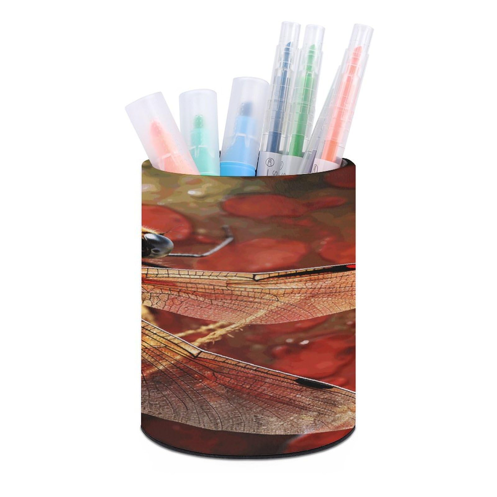 VstaDank Red Dragonfly Pen Holder PU Leather Pencil Cup Minimalist Desk Pencil Holder Round Make Up Brush Organizers For Office Dorm Room&Vanity Desk Accessories