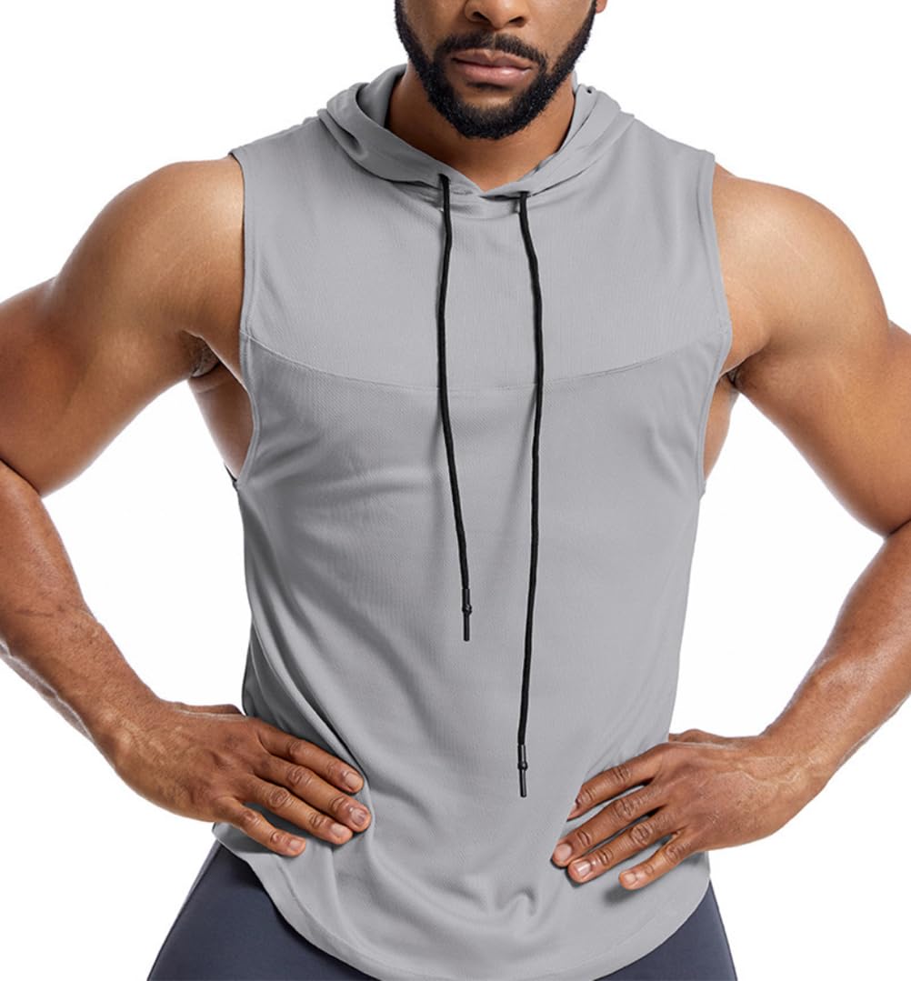 YANHAOTank Top Men Gym Quick Dry Compression Vest Workout Tank Tops with Hood Activewear Running Basketball Tennies Shirts (as4, alpha, x_l, regular, regular, Grey)