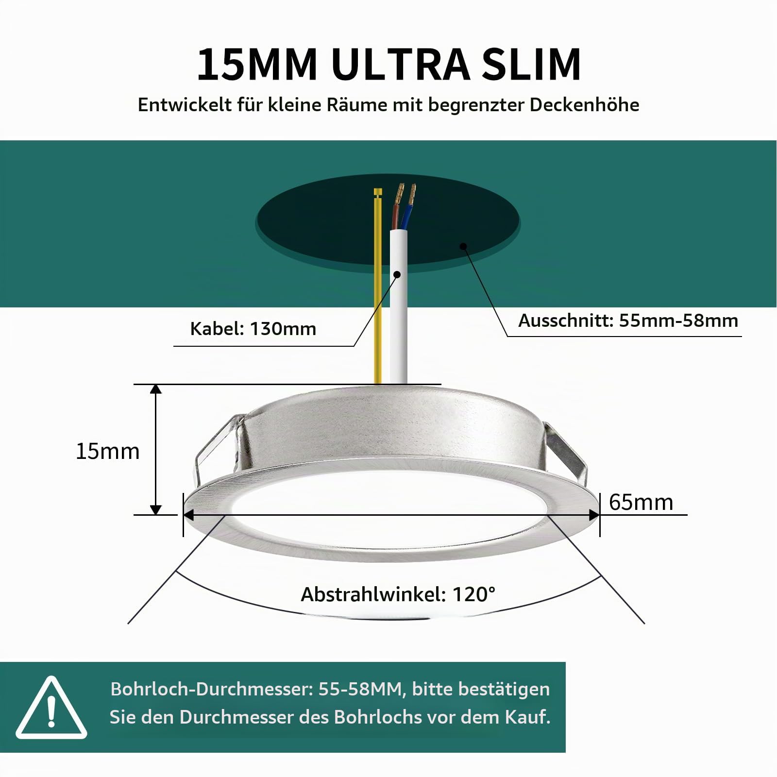 KYOTECH LED Einbaustrahler 230V Dimmbar IP44 3000K Einbauspots 55-58mm | 3W 300LM Möbeleinbauleuchte Warmweiß LED Spot Ultra Flach 15mm für Spiegelschrank 6er Nickel