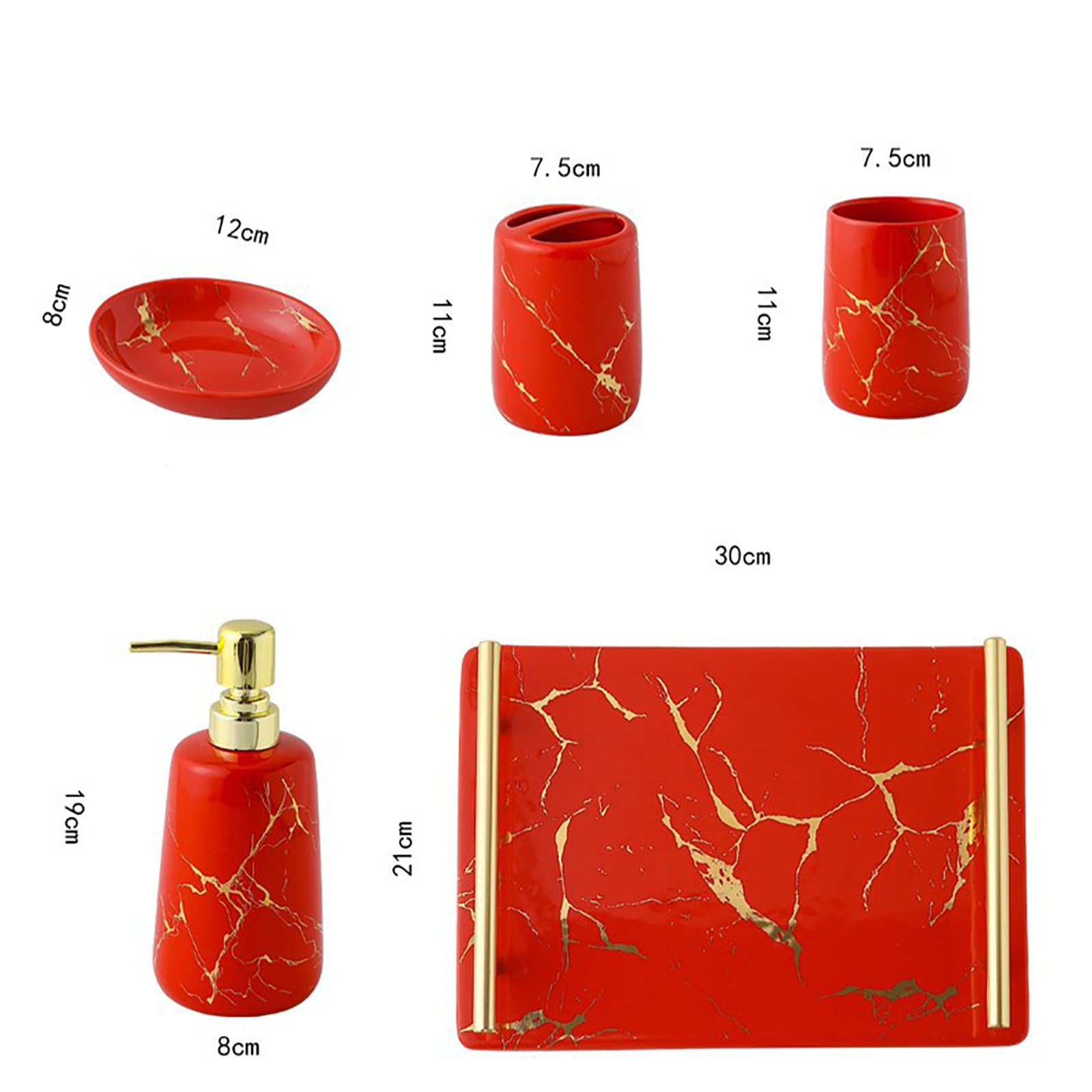 Juegos de Accesorios de baño, Acesorios Cuartos de Baño 5 Piezas con Dispensador Jabon Baño, Jabonera Baño, Porta Cepillo de Dientes, para Champú Cerámica Simple Rojo