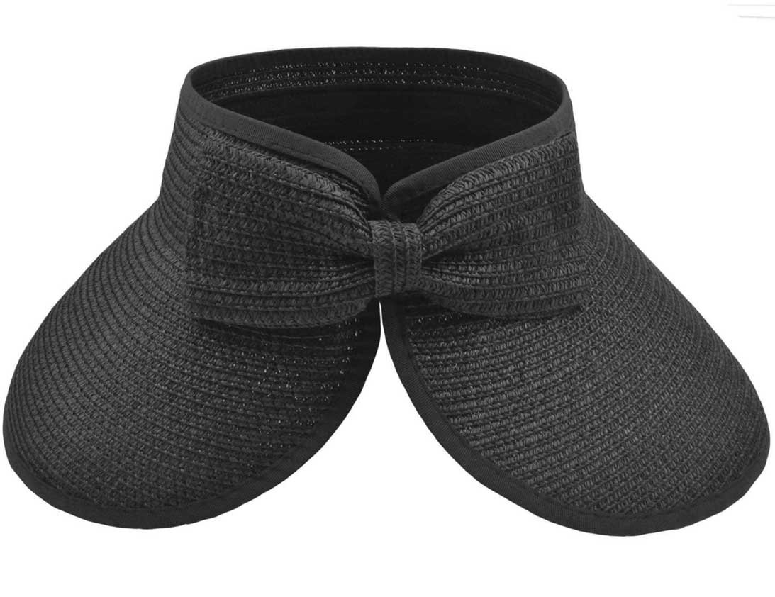 Womens Summer Foldable Straw Sun Visor Wide Brim Hat Packable Women Brach Cap M01 (Black)