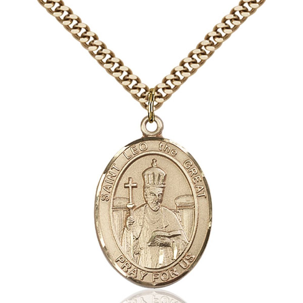 Bonyak Jewelry Saint Medal Collection Gold Filled St. Leo the Great Pendant 1 x 3/4 inches with Heavy Curb Chain