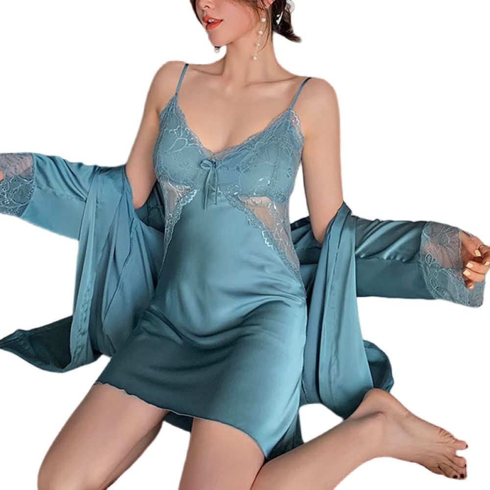 OZEO Accappatoio Donna,Due Pezzi Accappatoio Kimono Sexy in Raso Cuciture in Pizzo con Scollo A V Vestito Estivo Vestaglia Blu Pavone Pigiama Set Babydoll Sposa Vestaglia Bademantel Damen,L