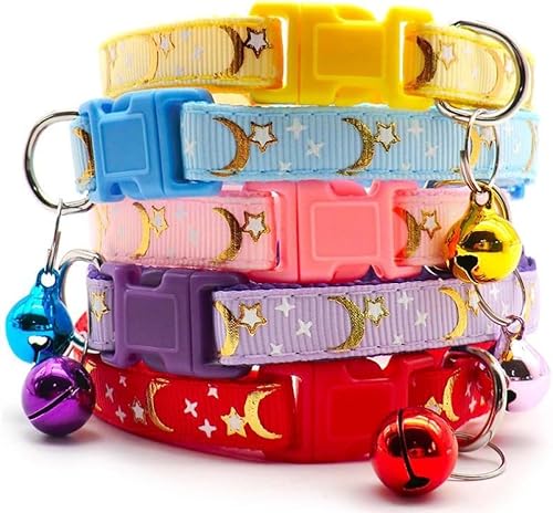 Collar reflectante para gato, 5 collares de gato separables con lunas de campana, estrellas, lindo gatito, ajustable, de 7.5 a 12.5 pulgadas,