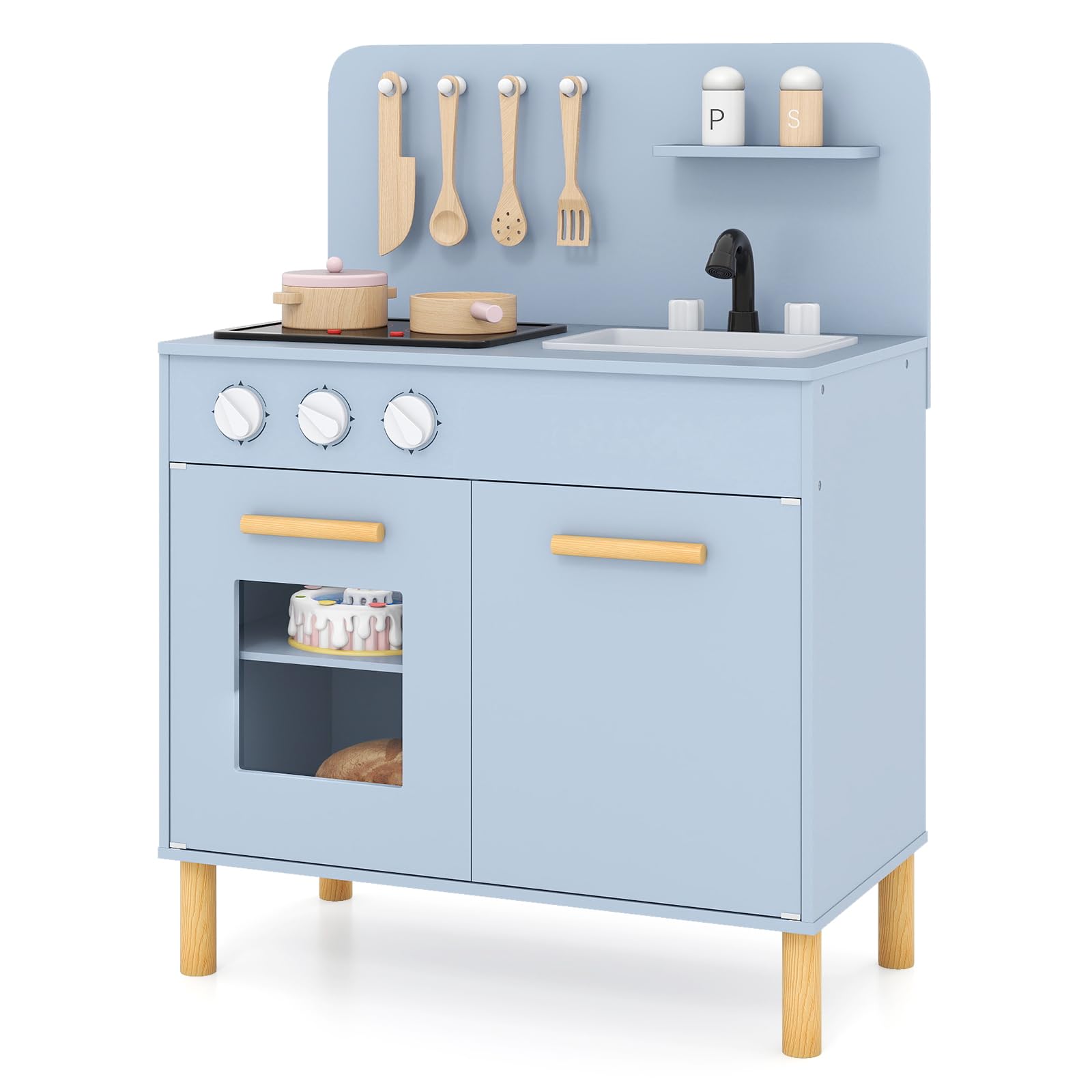 COSTWAY Kids Play Kitchen, Wooden Pretend Toy Kitchen with Sound & Lights, Sink, Faucet, Oven, Utensils, Children's Chef Role Play Set for Boys Girls (Blue)