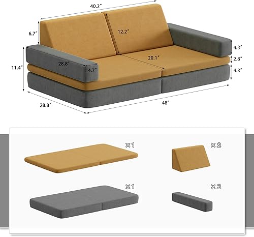 Miniatura 2 de Wanmwill Sofá infantil modular de 6 piezas, convertible plegable con cremalleras seguras, equipo de juego suave para niños y niños, futón para
