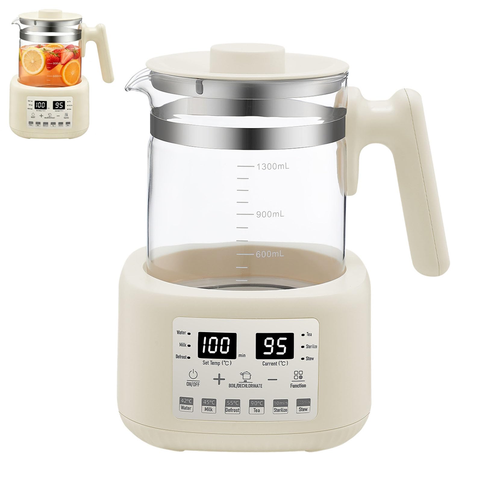 Mini Hervidor Eléctrico de Vidrio 600W, Hervidor Eléctrico de Vidrio de 1.3L, Temperatura Constante 72H, Pantalla Led, Panel Táctil con Control de Temperatura Variable, Tetera Pequeña Para Uso