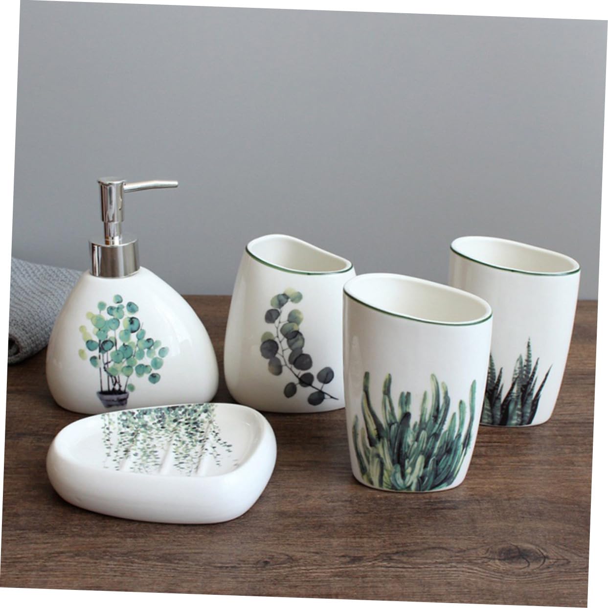 NUOBESTY Set Di 5 Accessori Bagno in Ceramica, Tazza Per Lavarsi i Denti e Portasapone, Contenitore Per Spazzolino Compatto, Superficie Liscia Facile Da Pulire, Per Organizzazione Bagno Quotidiana