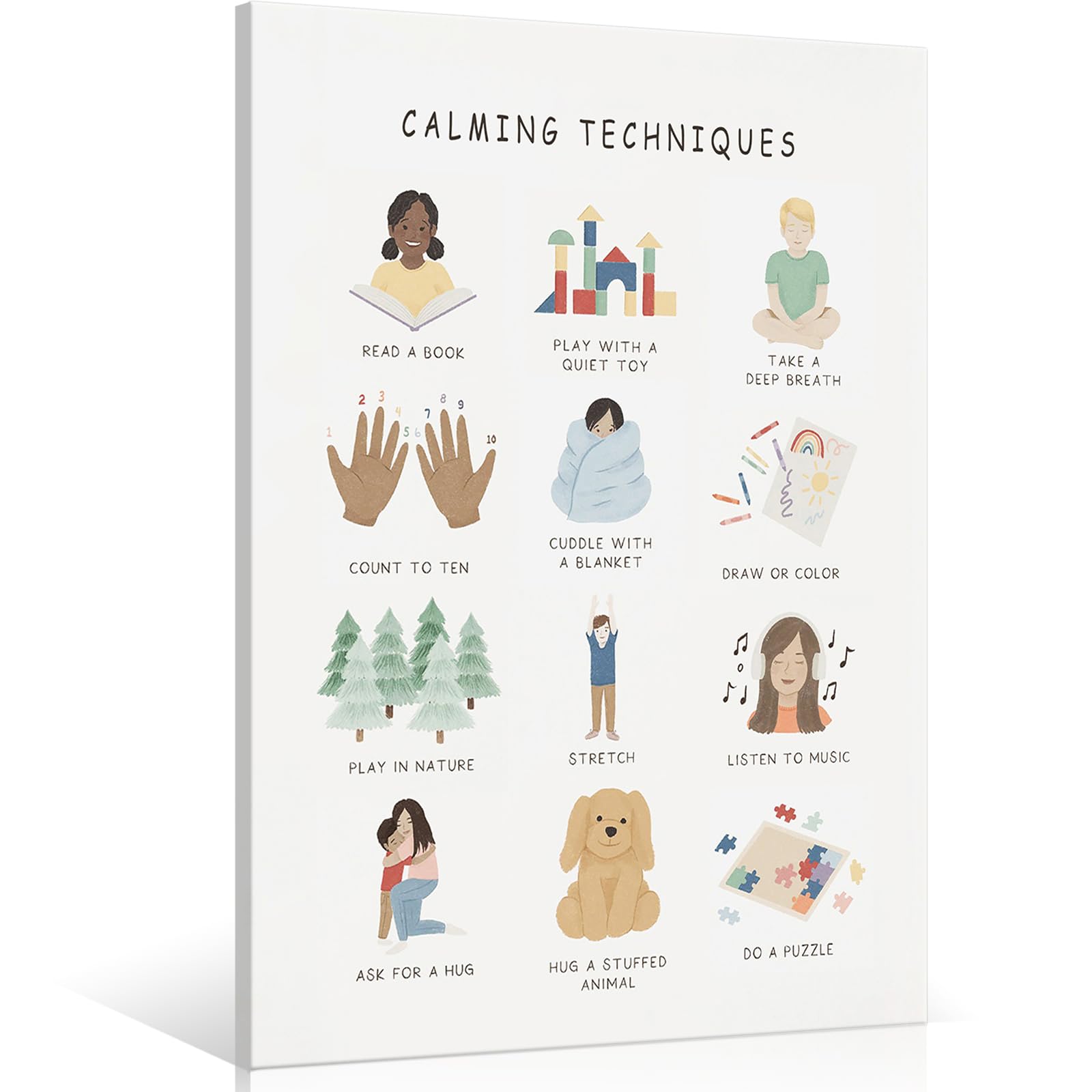 Uoyien Calming Corner Poster, Mental Health, Feelings & Relaxation Techniques for Children, Canvas Wall Art for Classroom, School, Special Education, 12x16 inches, Wooden Frame