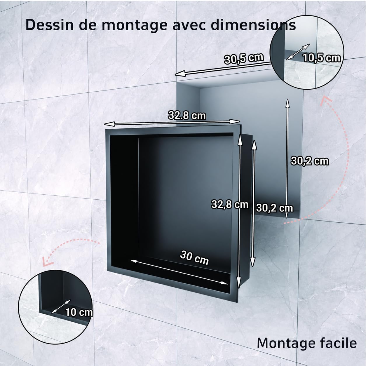 Nicho de Pared empotrable de Acero Inoxidable para Ducha, Estante de Ducha Integrado sin Azulejos, de Acero Inoxidable, Almacenamiento Doble para (Negro Mate, 30 x 30 x 10 cm)