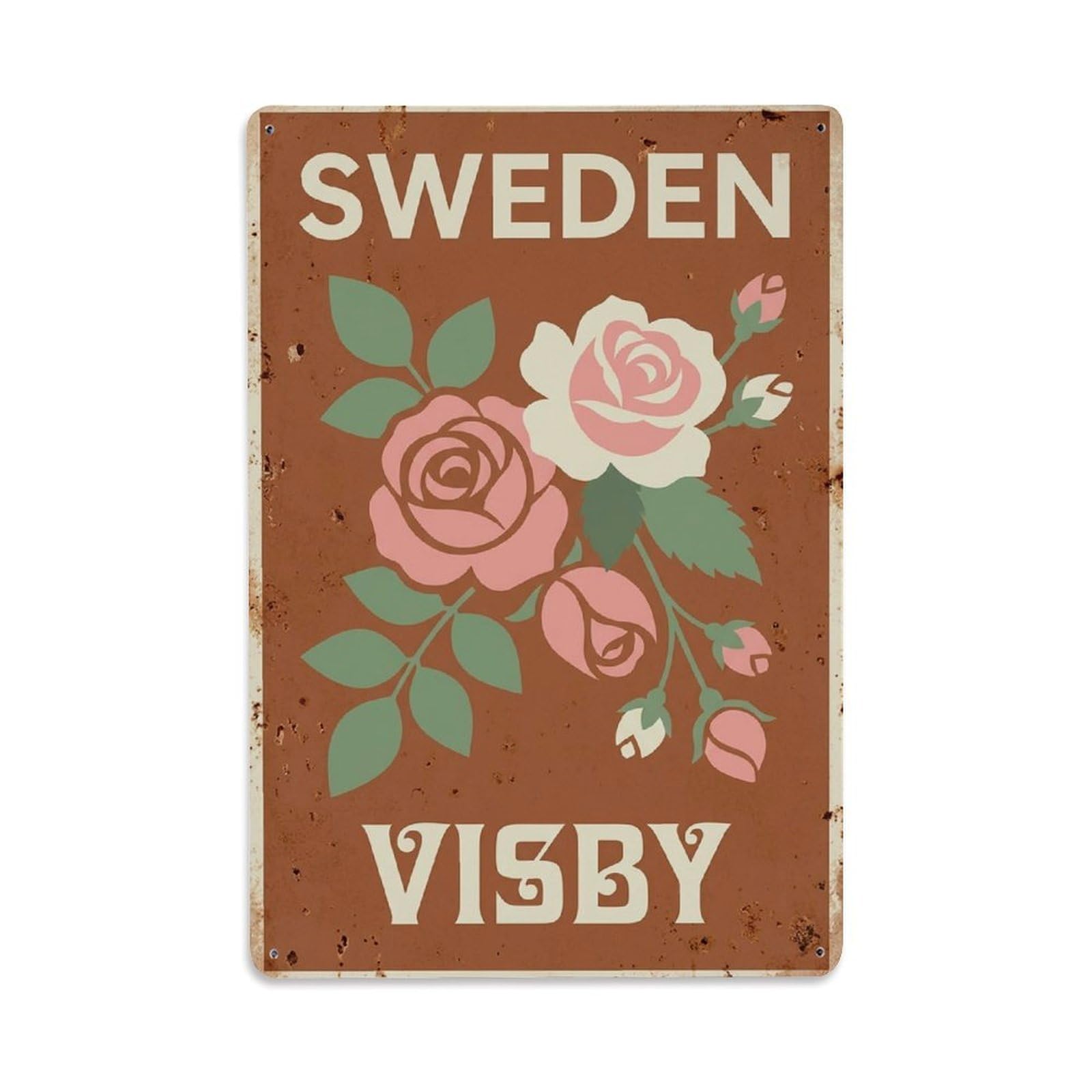 Vintage Travel Visby Sweden Roses Metal Tin Sign