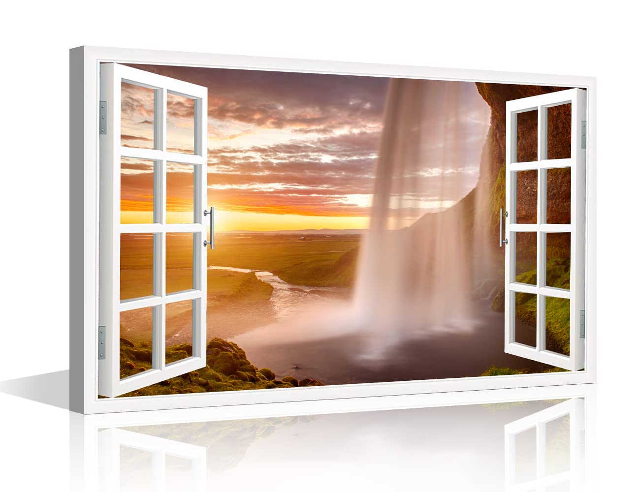 Canvas Wall Art Window View Home Decor Majestic Waterfall Wall Art Canvas Print Painting Outdoor Natural Landscape Picture for Bedroom Modern Artwork Wall Decor Framed Ready to Hang(18"Wx12"H)