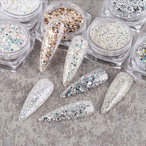 Holographic Nail Glitter Sequins Nail Art Glitters Kit, 6 Boxes Nail Art Supplies Gold White Metallic Shining Flake Glitter Sparkles Chunky Nail Glitter Nail Art Powder Dust Sequins For Nails Decor #TOP3